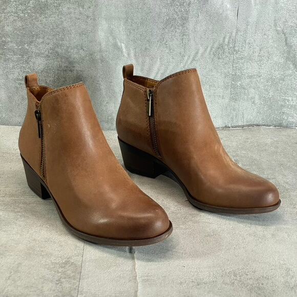 LUCKY BRAND Women's Toffee Barillos Leather Basel Double Side-Zip Block-Heel - Picture 2 of 13